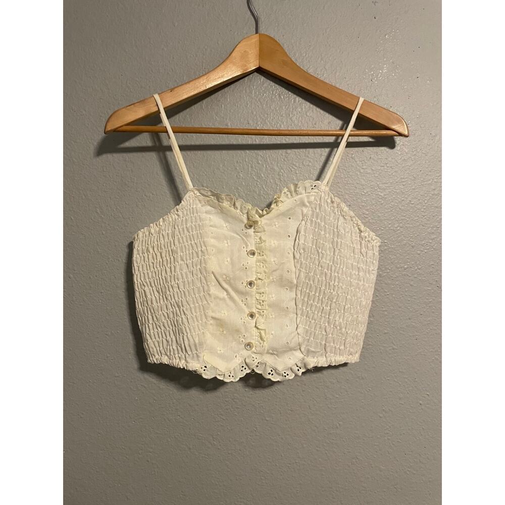 Vintage Rio Womens Crop Top Small Cream Floral Eyelet Smocked Milkmaid 70s READ